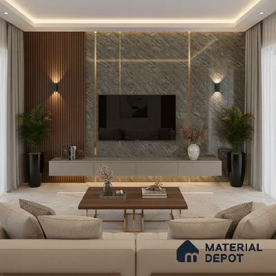 Modern living room with brown marble accent wall, wooden louvers, and beige marble floor tiles in Bengaluru