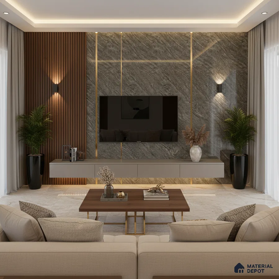 Modern living room with brown marble accent wall, wooden louvers, and beige marble floor tiles in Bengaluru