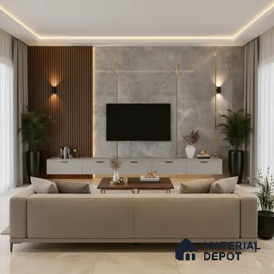 Modern living room with beige marble floor tiles and walnut wood louver accent wall in Bengaluru
