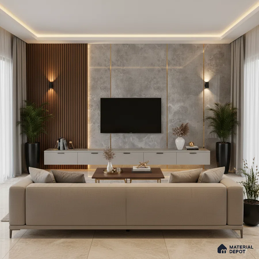 Modern living room with beige marble floor tiles and walnut wood louver accent wall in Bengaluru