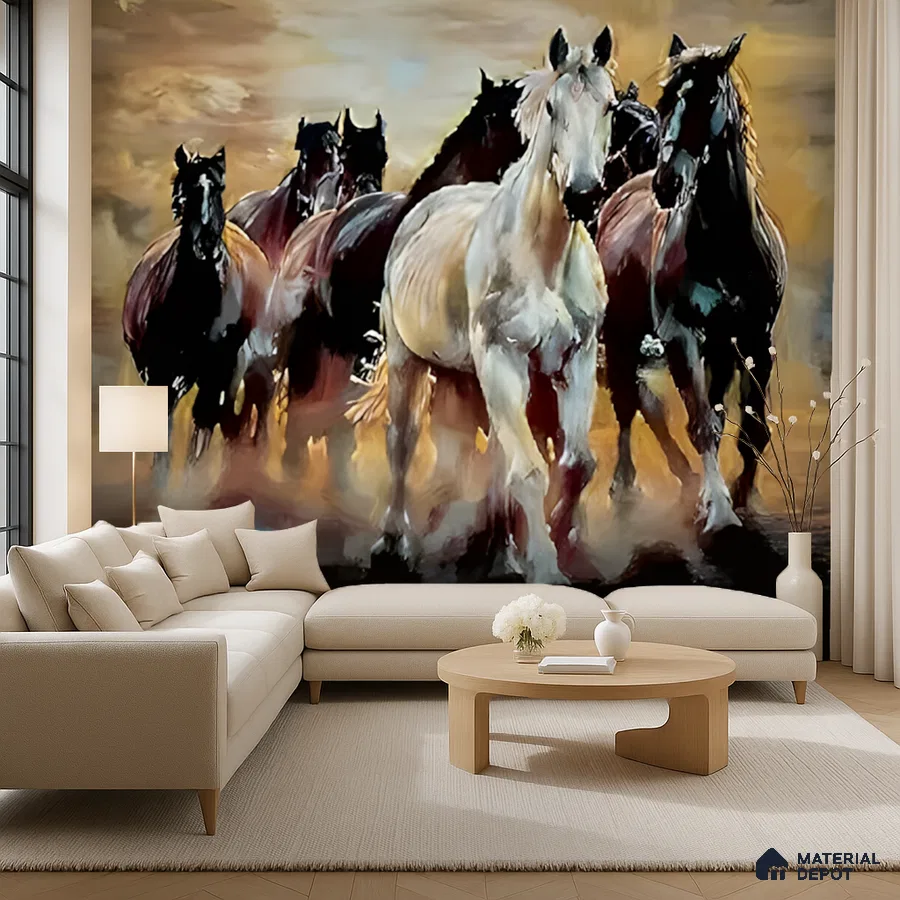 Modern living room with horse mural wallpaper, beige fabric sofa, and light wood flooring in Bengaluru