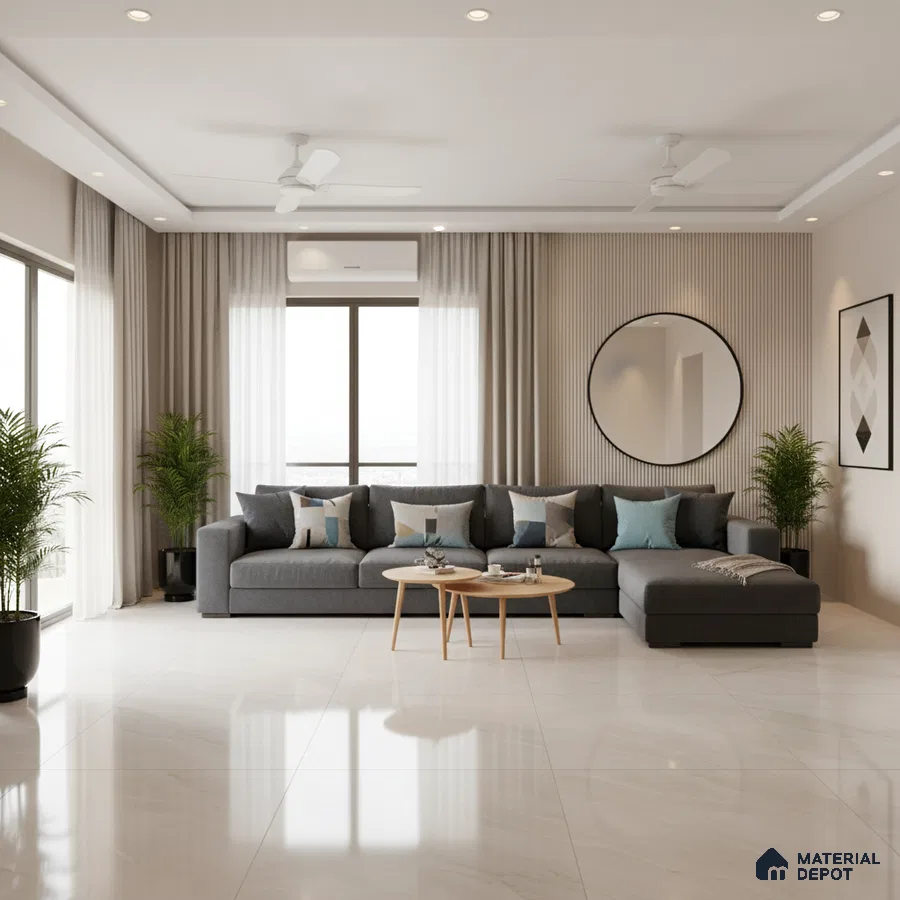 Modern living room with large format marble-look floor tiles and neutral wall panels in Bengaluru