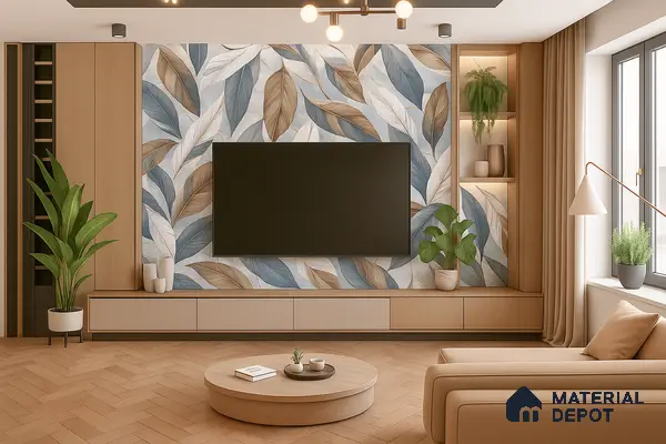 Modern Living Room with Leaf Pattern Accent Wall and Wooden Interiors | Material Depot