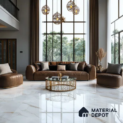 Modern Living Room with Leather Sofa and Glass Pendant Lighting | Material Depot