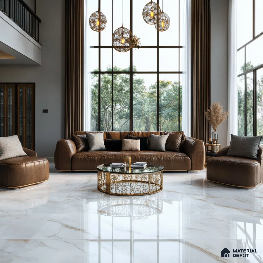 Modern Living Room with Leather Sofa and Glass Pendant Lighting | Material Depot