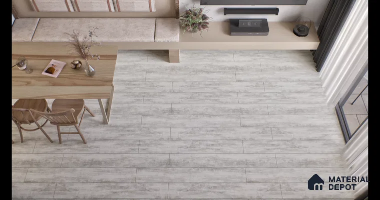 Modern Living Room with Light Gray Wood-Look Flooring | Material Depot