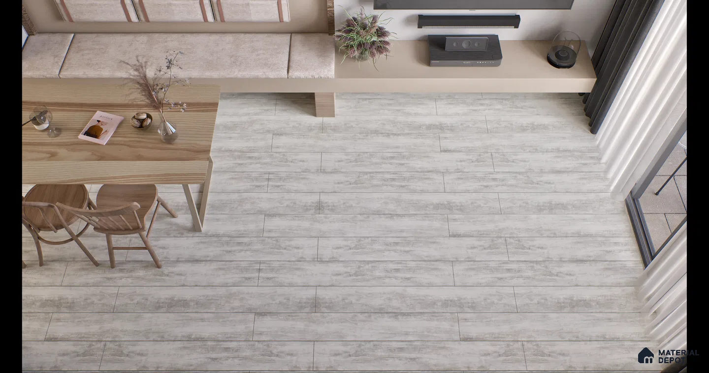 Modern Living Room with Light Gray Wood-Look Flooring | Material Depot