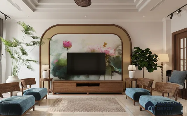 Modern Living Room with Lotus-Inspired TV Wall in 3BHK Apartment, Brigade Metropolis Mahadevpura Whitefield | Material Depot