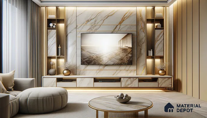 Modern Living Room with Marble Accents and Golden Glow | Material Depot