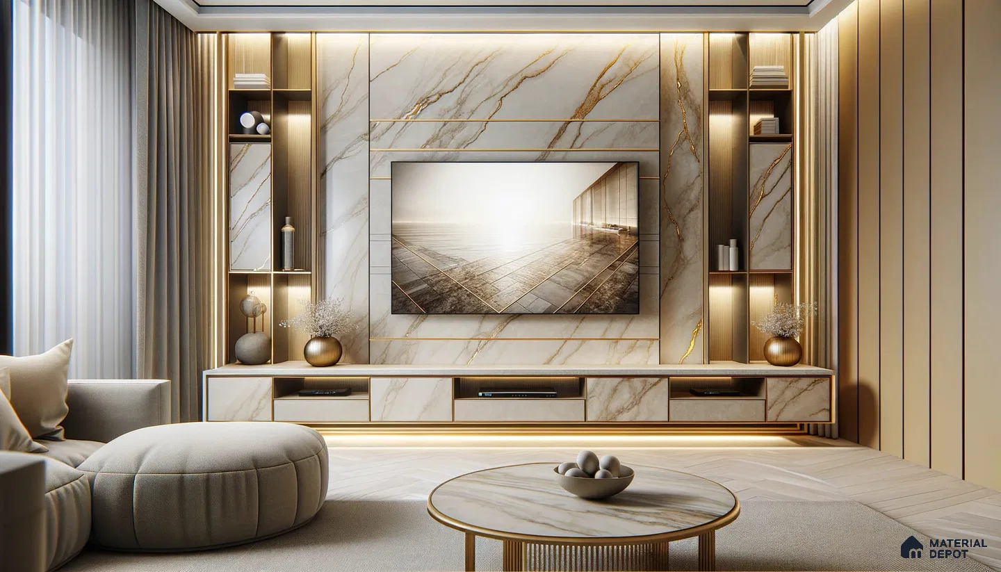 Modern Living Room with Marble Accents and Golden Glow | Material Depot