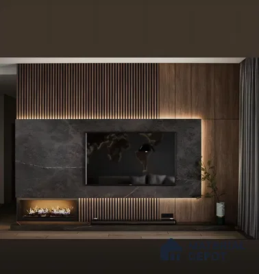 Modern TV Unit with Marble and Wood Accent Wall and Electric Fireplace | Material Depot