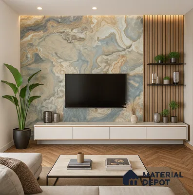 Modern living room with marble effect accent wall in 3bhk apartment in Durga Petals Marathahalli Bengaluru | Material Depot