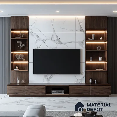Modern Living Room with Marble Feature Wall and Wood Accents | Material Depot