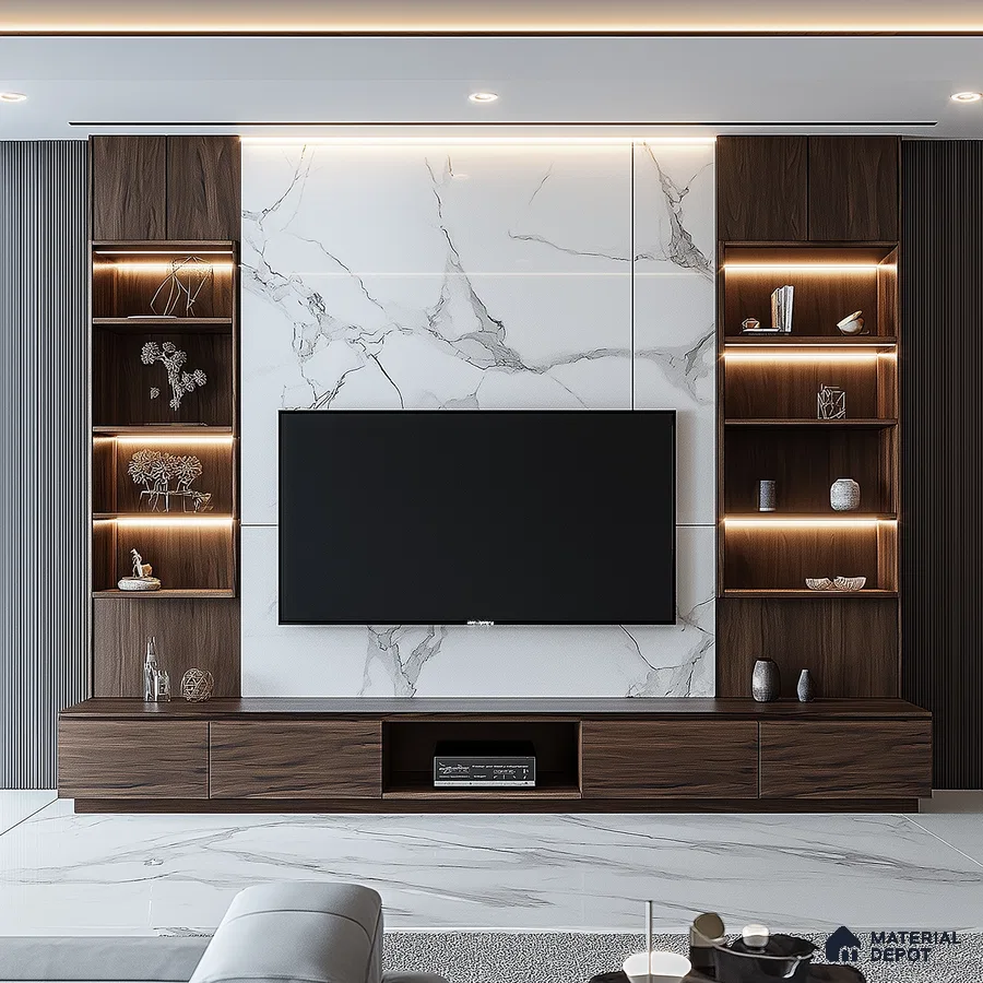 Modern Living Room with Marble Feature Wall and Wood Accents | Material Depot