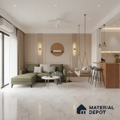 Modern living room with marble floor tile, olive green sofa, and wood accent panel in Bengaluru