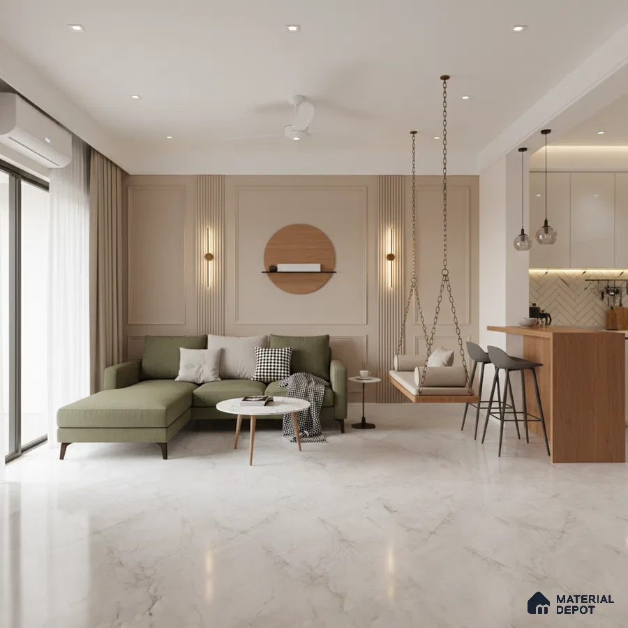Modern living room with marble floor tile, olive green sofa, and wood accent panel in Bengaluru