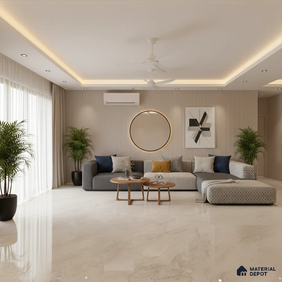 Modern living room with marble floor tiles and beige fluted wall panels in Bengaluru