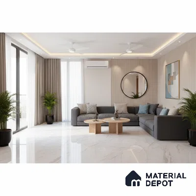 Modern living room with marble floor tiles and beige fluted wall panels in Bengaluru