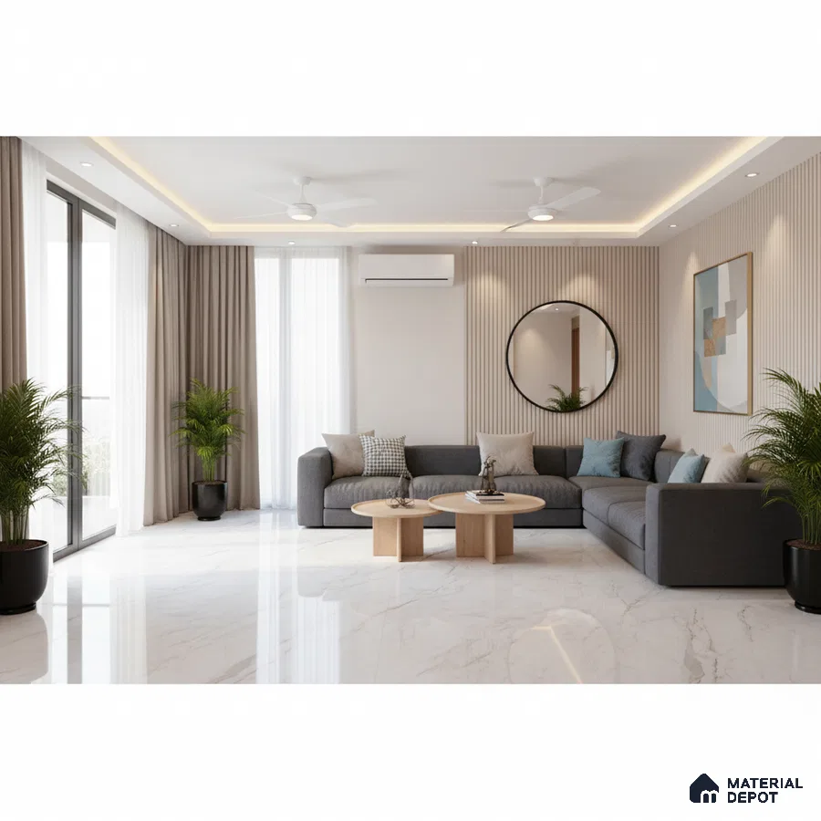 Modern living room with marble floor tiles and beige fluted wall panels in Bengaluru