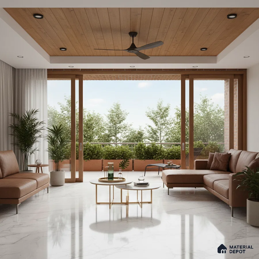 Modern living room with marble floor tiles and wooden ceiling panels in Bengaluru
