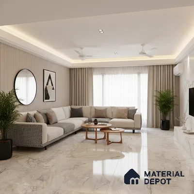 Modern living room with marble floor tiles, beige fluted wall panels, and neutral upholstery in Bengaluru