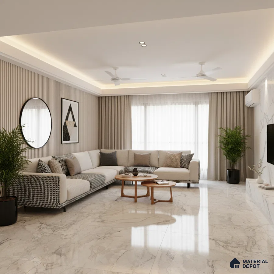 Modern living room with marble floor tiles, beige fluted wall panels, and neutral upholstery in Bengaluru