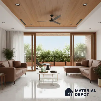 Modern living room with marble floor tiles, brown leather sofas, and oak wood ceiling panels in Bengaluru