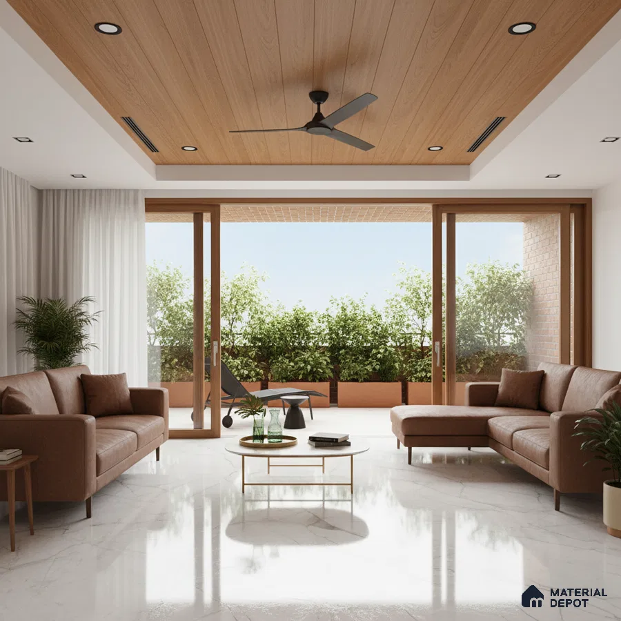 Modern living room with marble floor tiles, brown leather sofas, and oak wood ceiling panels in Bengaluru