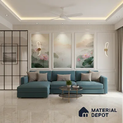 Modern living room with marble floor tiles, chinoiserie floral wallpaper, and teal sectional sofa in Bengaluru