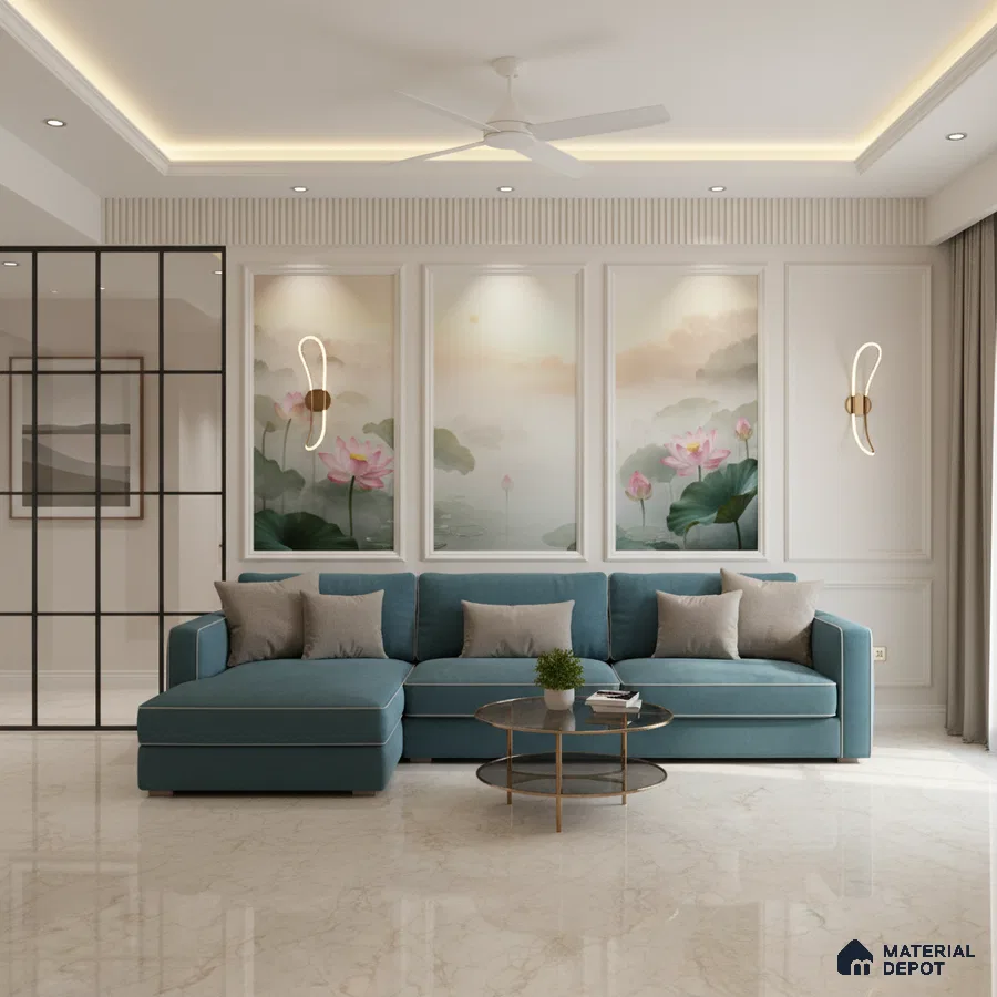 Modern living room with marble floor tiles, chinoiserie floral wallpaper, and teal sectional sofa in Bengaluru