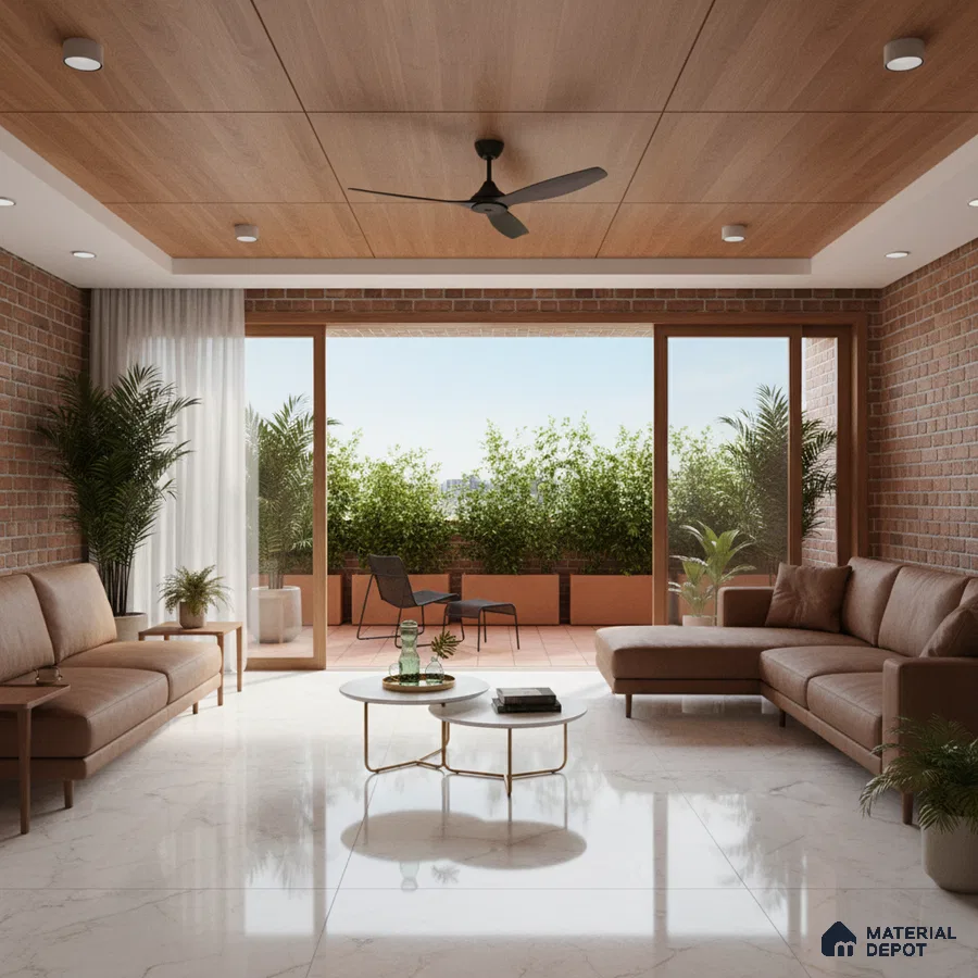 Modern living room with marble floor tiles, exposed brick walls, and wood ceiling panels in Bengaluru