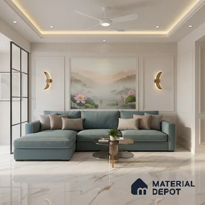 Modern living room with marble floor tiles, pastel blue sofa, and lotus mural wallpaper in Bengaluru