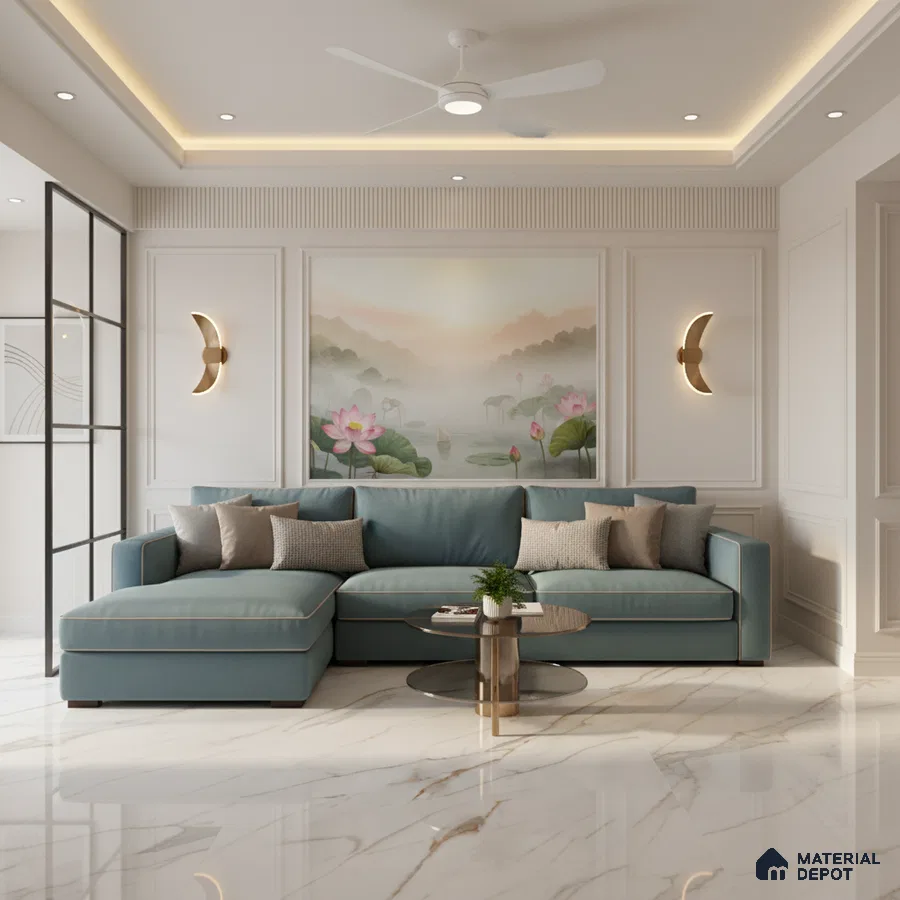 Modern living room with marble floor tiles, pastel blue sofa, and lotus mural wallpaper in Bengaluru