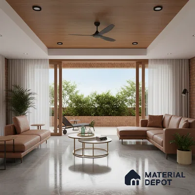 Modern living room with marble floor tiles, tan leather sofa, and wooden ceiling panels in Bengaluru