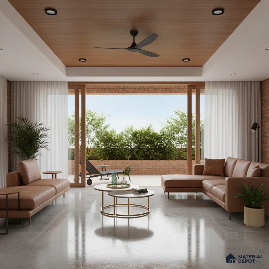 Modern living room with marble floor tiles, tan leather sofa, and wooden ceiling panels in Bengaluru