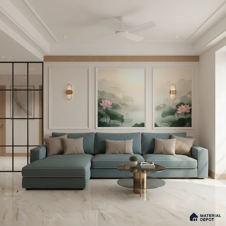 Modern living room with marble floor tiles, teal fabric sofa, and lotus mural wallpaper in Bengaluru