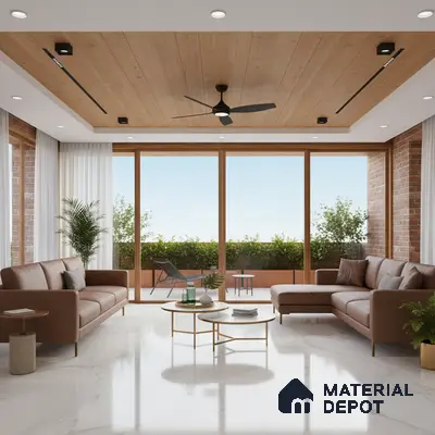 Modern living room with marble floor tiles, wood ceiling panels, and exposed brick walls in Bengaluru