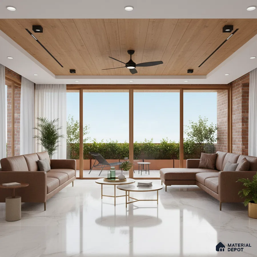Modern living room with marble floor tiles, wood ceiling panels, and exposed brick walls in Bengaluru
