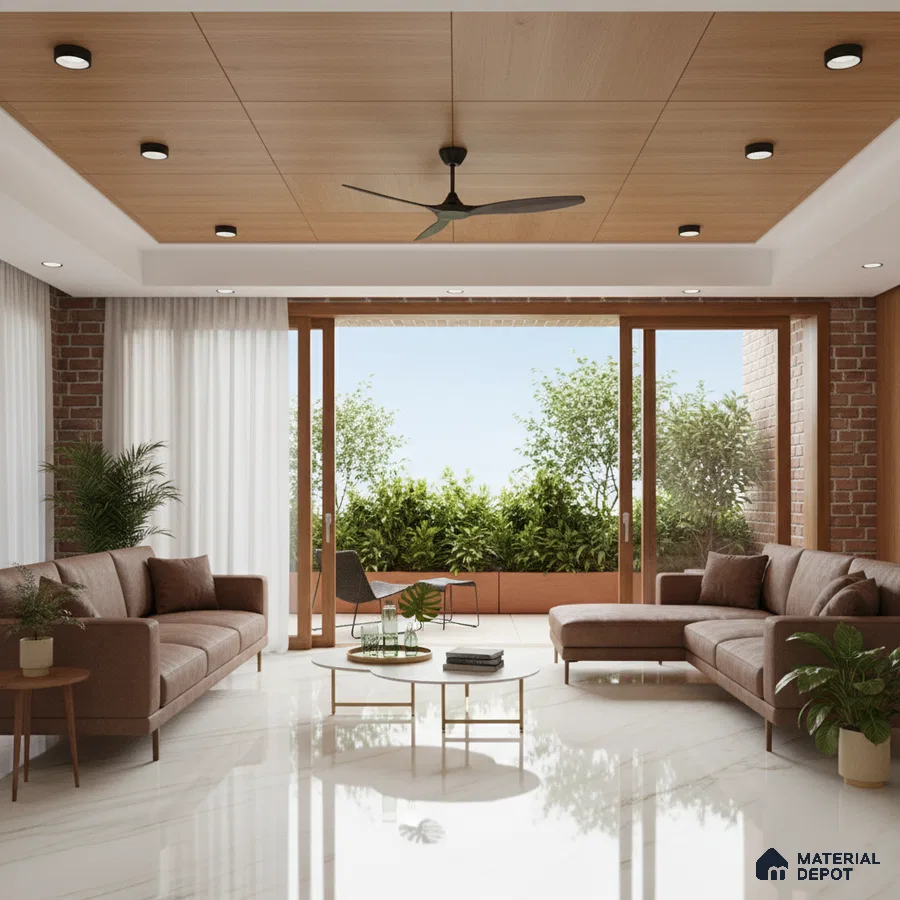 Modern living room with marble floor tiles, wood ceiling panels, and exposed brick walls in Bengaluru