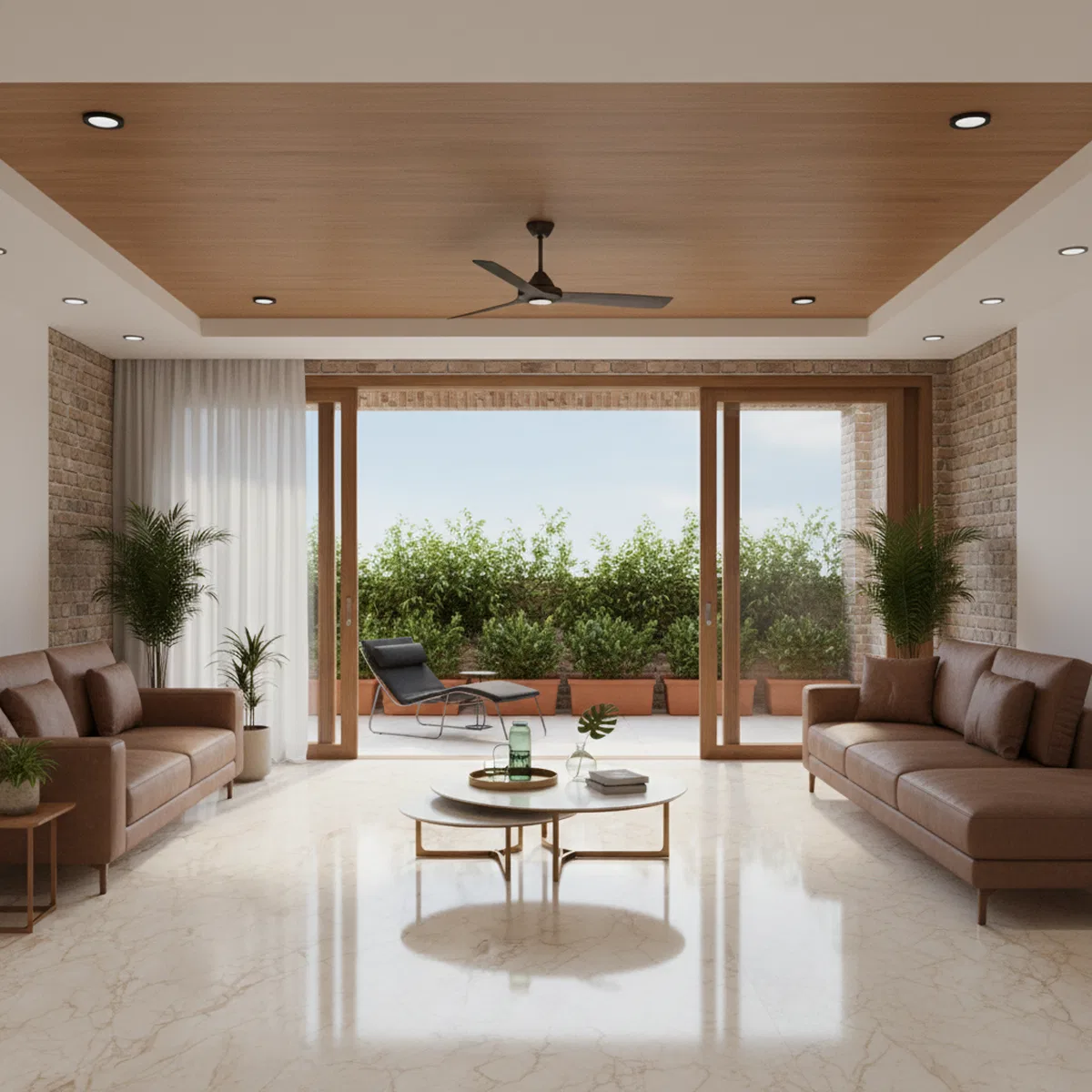 Modern living room with marble floor, wood ceiling panel, and exposed ...