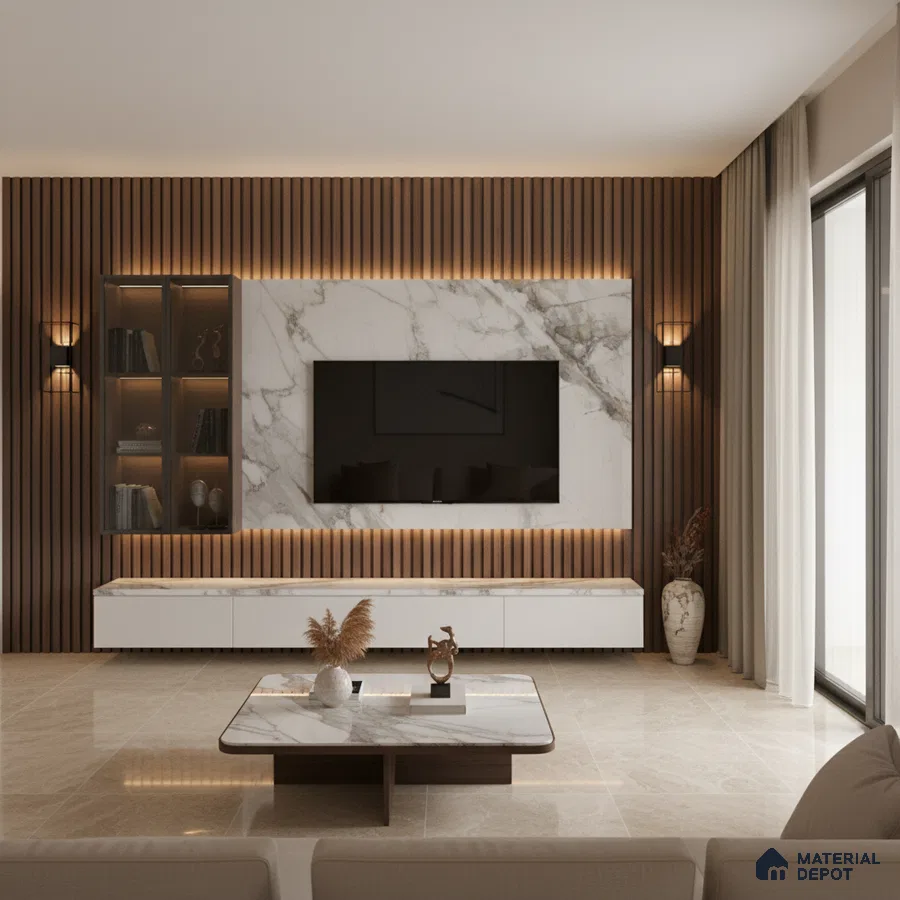 Modern living room with marble laminate TV unit, wooden fluted wall panels, and beige marble floor tiles in Bengaluru