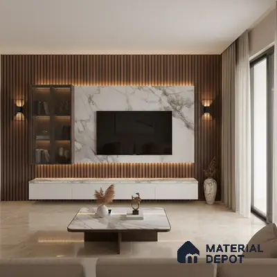 Modern living room with marble laminate TV unit, wooden fluted wall panels, and beige marble floor tiles in Bengaluru