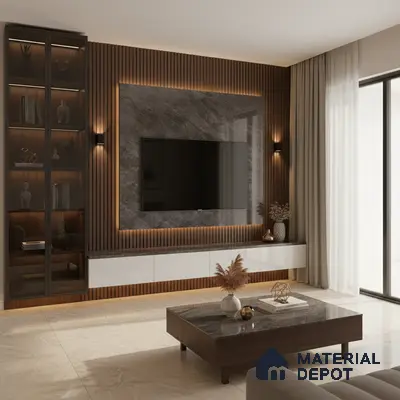Modern living room with white marble laminate TV wall, beige matte cabinets, and wooden louver accent in Bengaluru