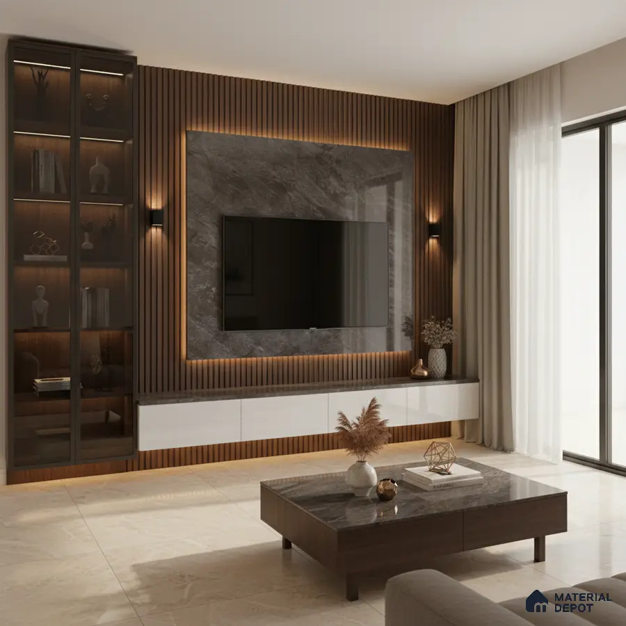 Modern living room with white marble laminate TV wall, beige matte cabinets, and wooden louver accent in Bengaluru