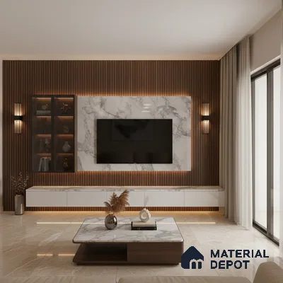 Modern living room with white marble laminate TV unit, walnut wood louvers, and beige marble floor tiles in Bengaluru