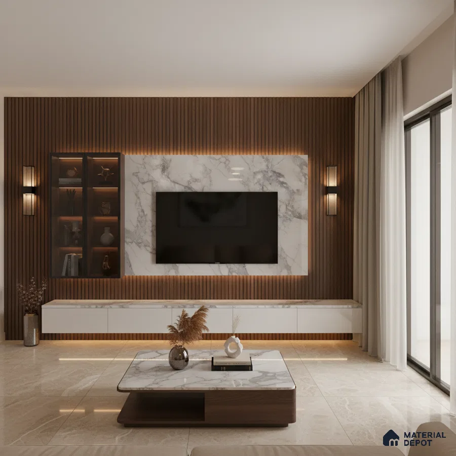 Modern living room with white marble laminate TV unit, walnut wood louvers, and beige marble floor tiles in Bengaluru