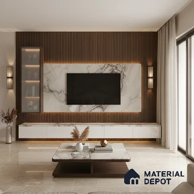 Modern living room with marble laminate TV unit, wooden fluted wall panels, and beige marble floor tiles in Bengaluru