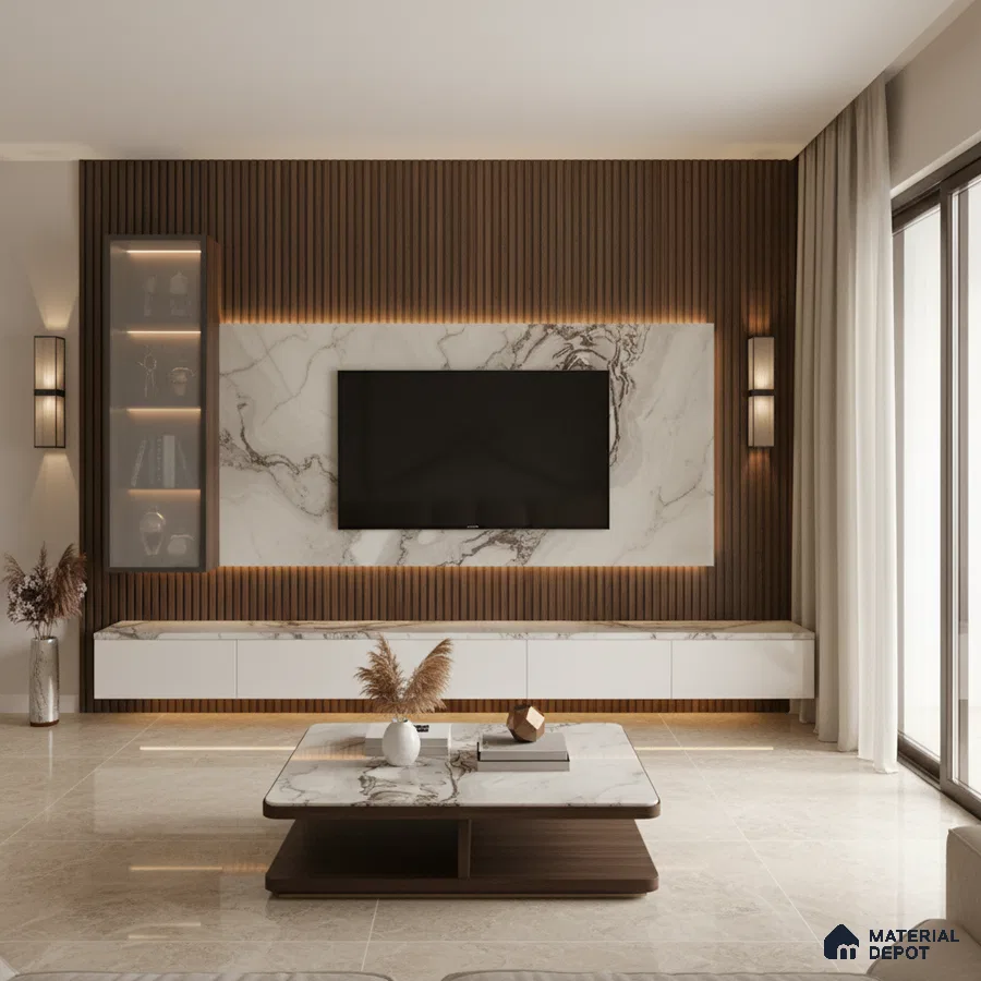 Modern living room with marble laminate TV unit, wooden fluted wall panels, and beige marble floor tiles in Bengaluru