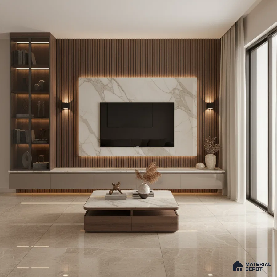 Modern living room with marble-look wall panels, wooden louvers, and beige marble floor tiles in Bengaluru