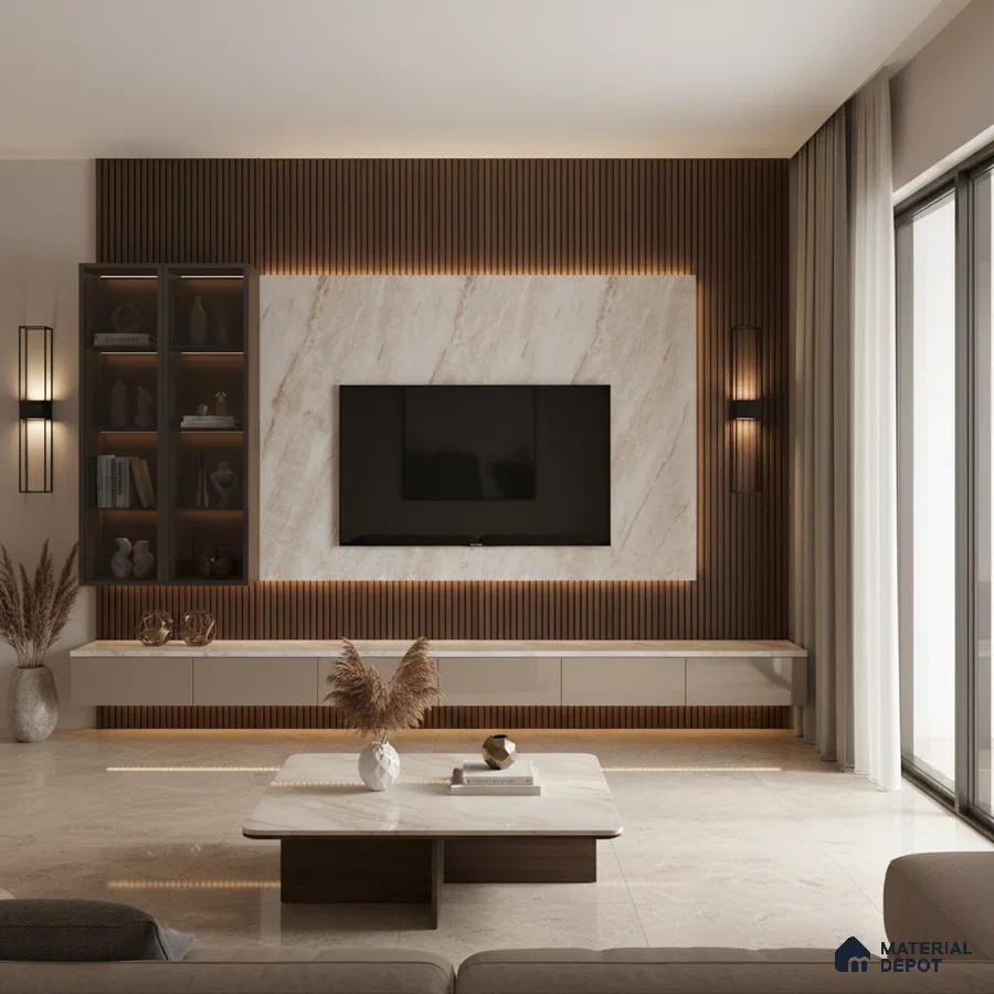 Modern living room with white marble laminate TV unit, walnut wood louvers, and beige marble floor tiles in Bengaluru